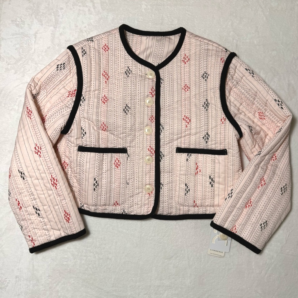 Commense Pink Quilted Padded Jacket Large Geometric Print Black Trim - New w Tag